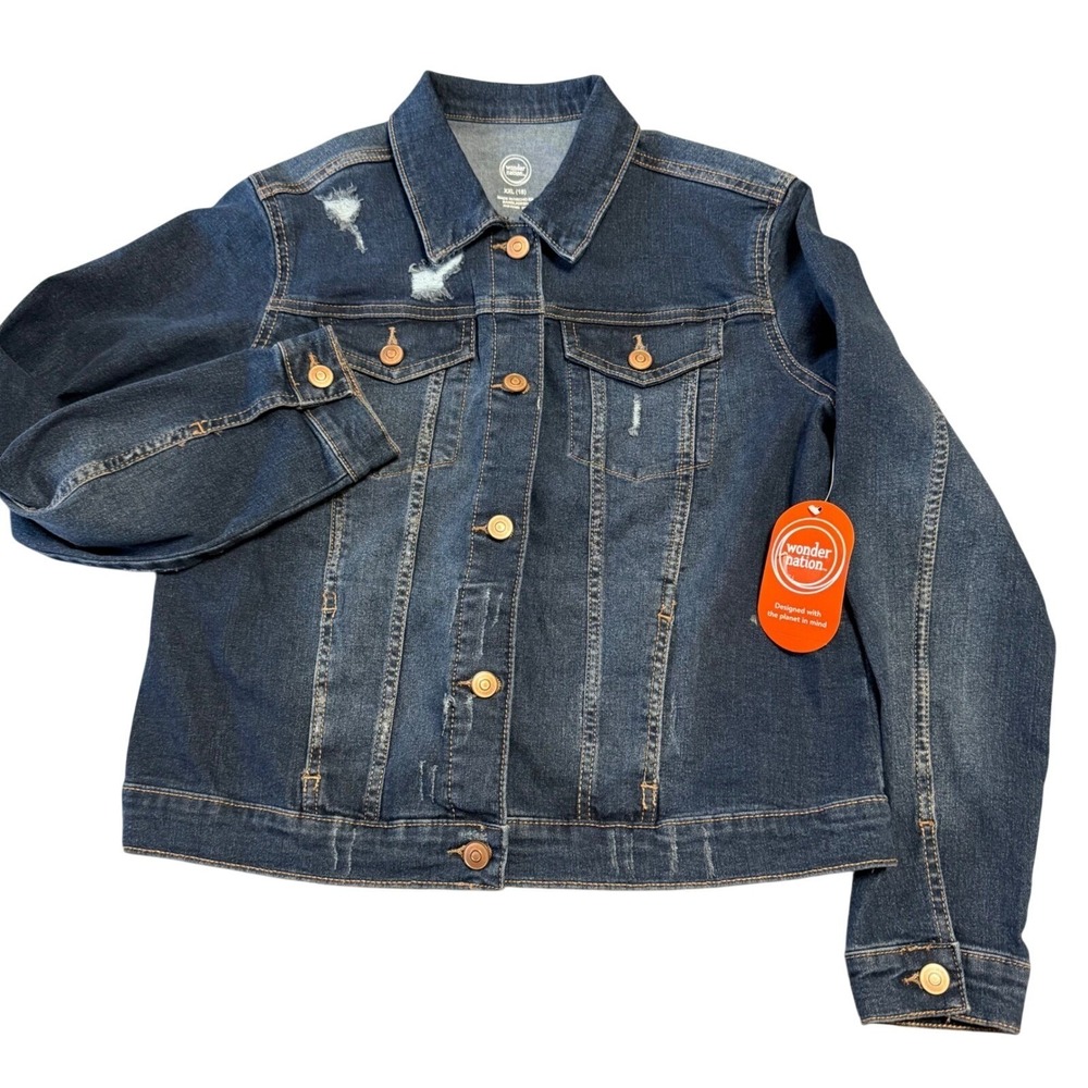 Wonder Nation Womens XXL 18 Dark Destructed Wash Denim Jean Trucker Jacket NWT